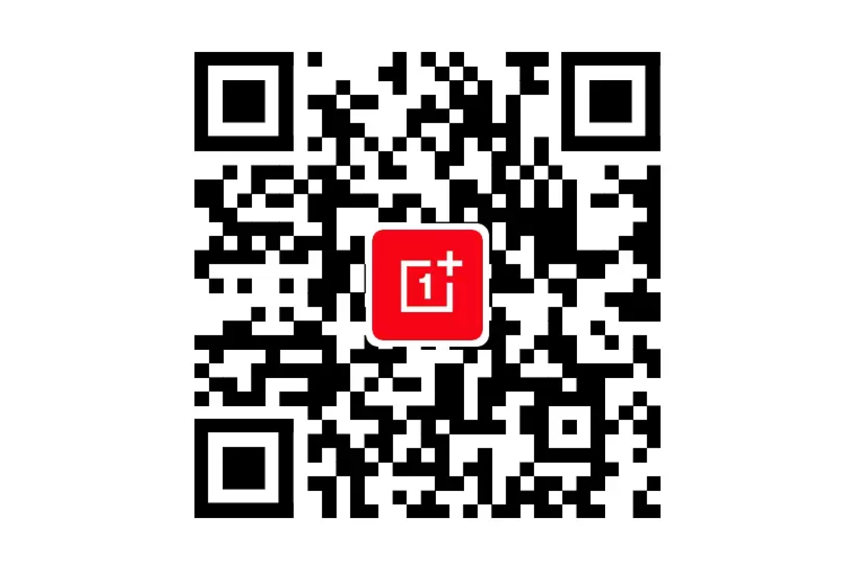 Intricate black-and-white QR code with a prominent red OnePlus logo in the center.