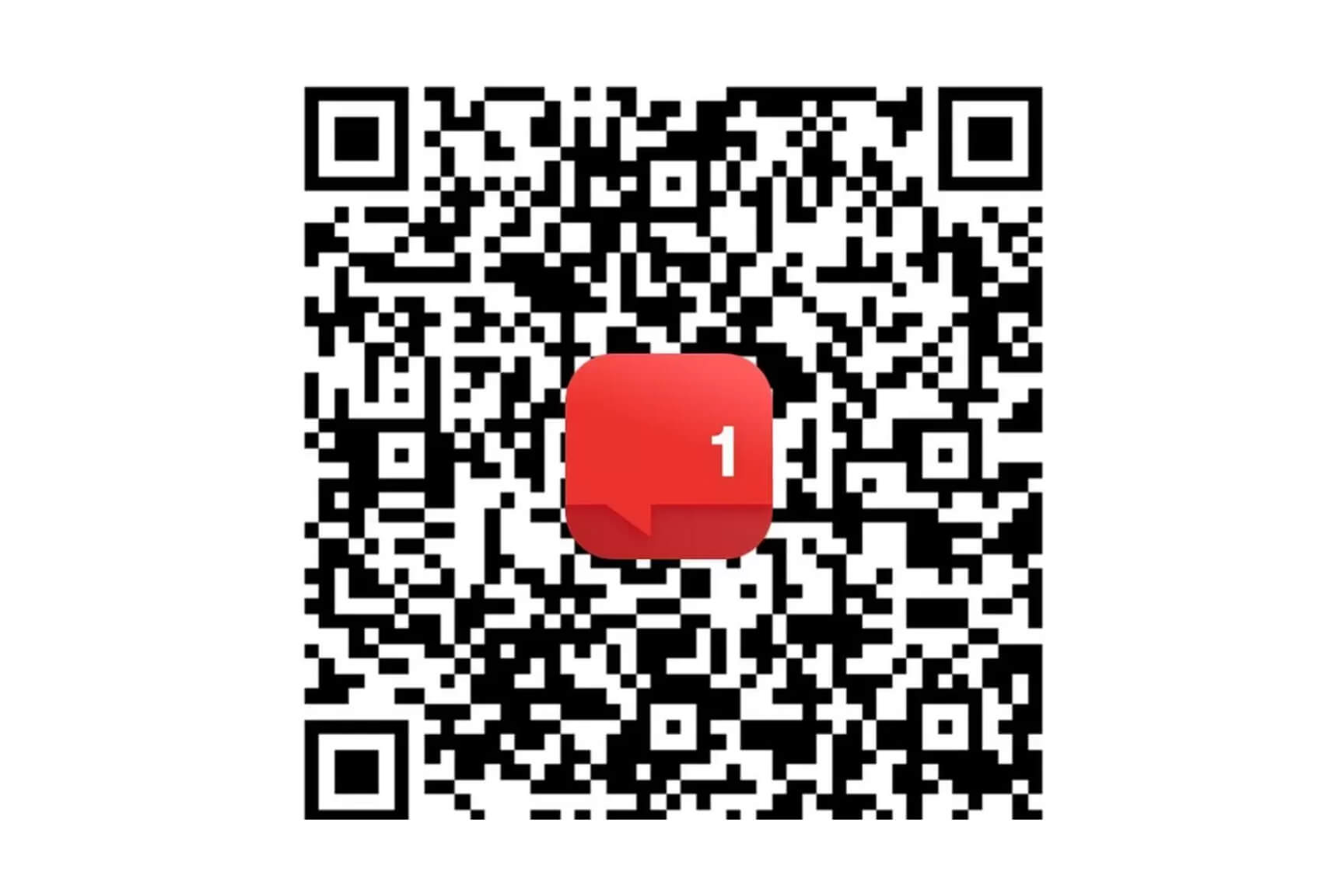 Black and white QR code with a red square notification icon.
