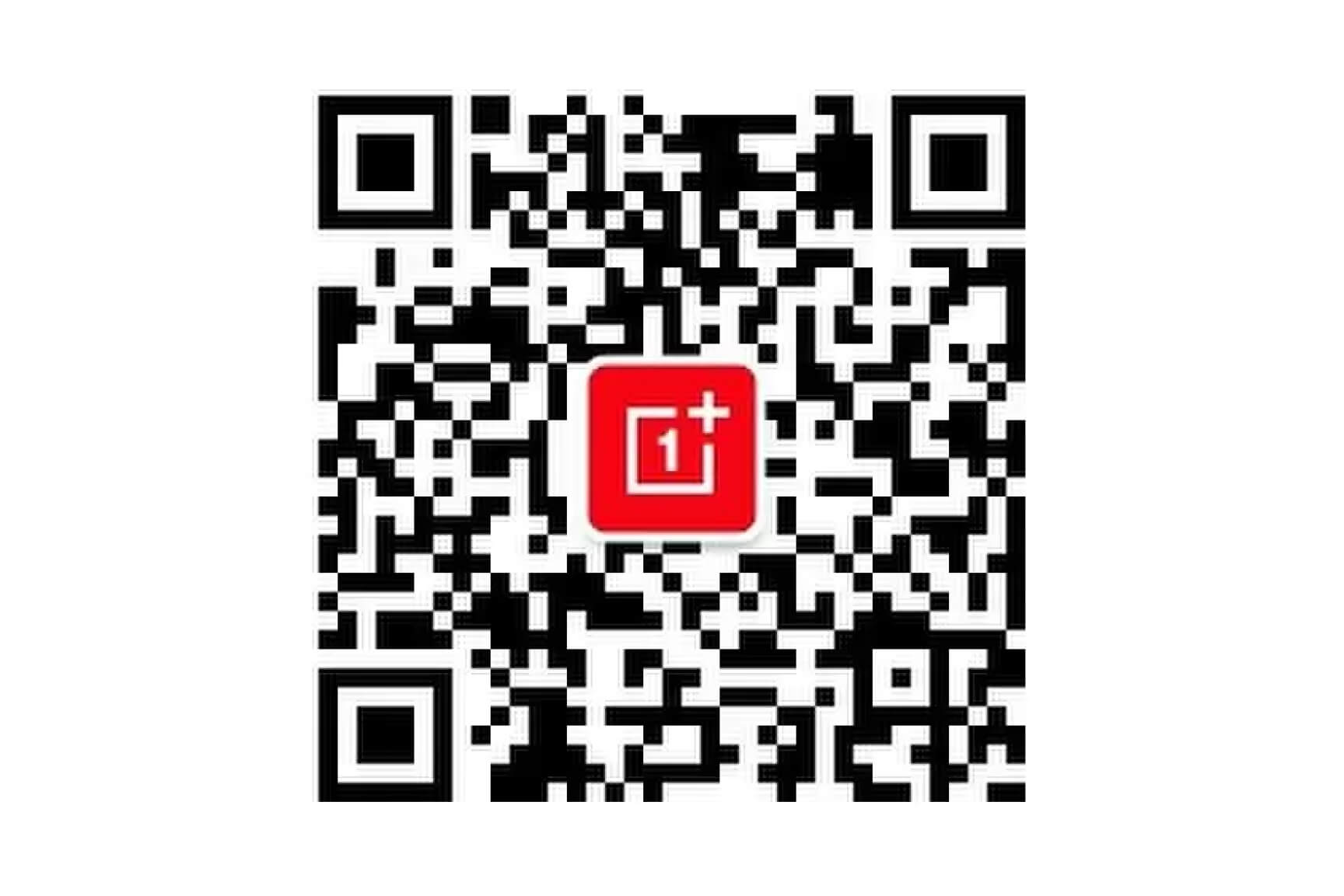 Intricate black and white square QR code with a red OnePlus logo in the center.