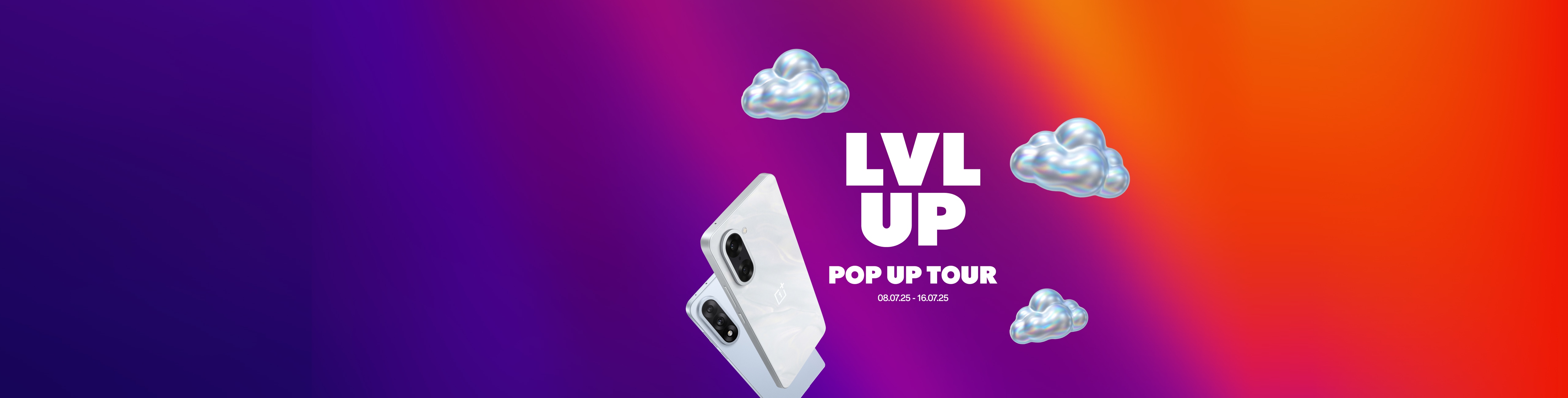 Vibrant pop-up tour promotion with white smartphone and puffy clouds.