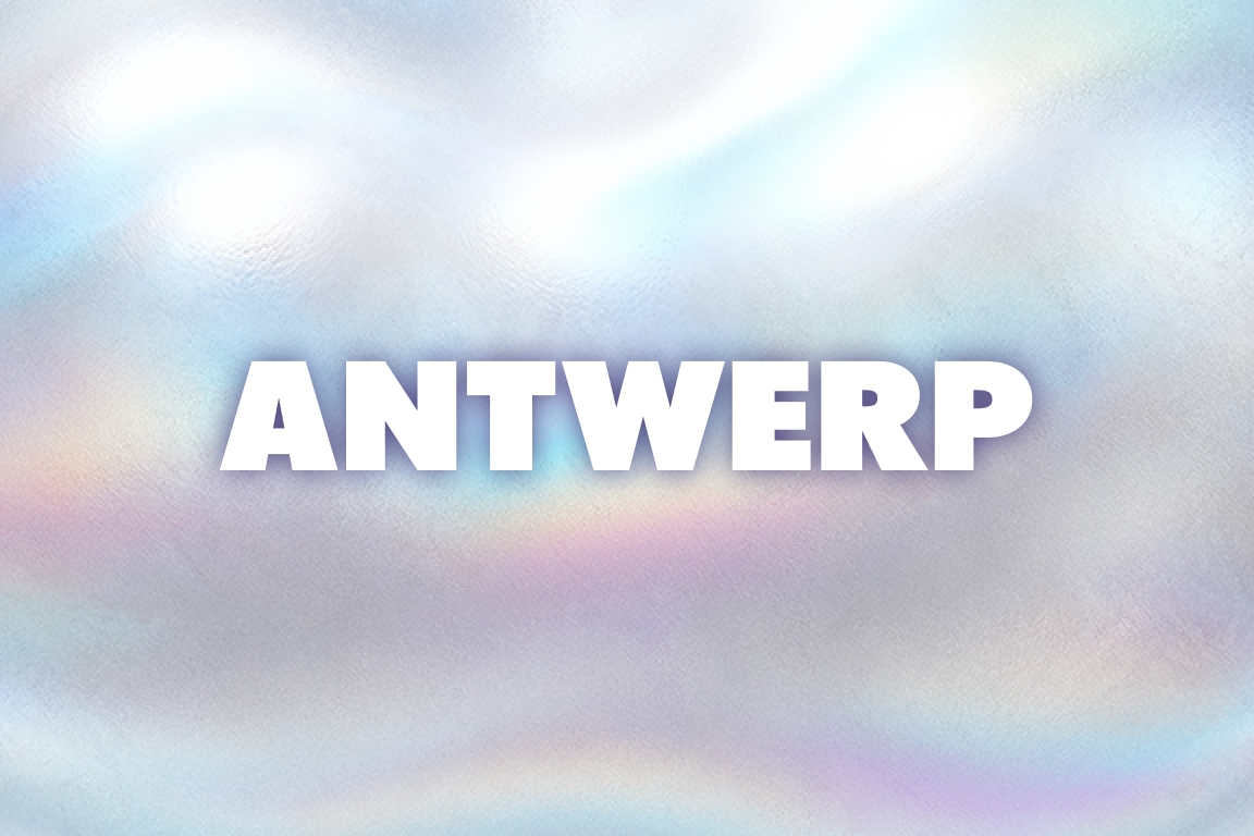 Soft, pastel-colored background with the text 'ANTWERP' prominently displayed in white letters.