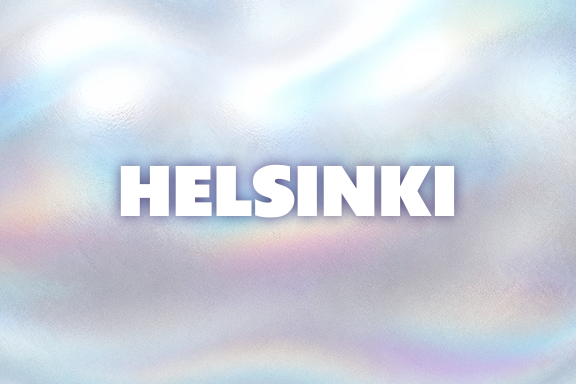 Serene pastel-colored background with the word 'HELSINKI' in bold, white letters.