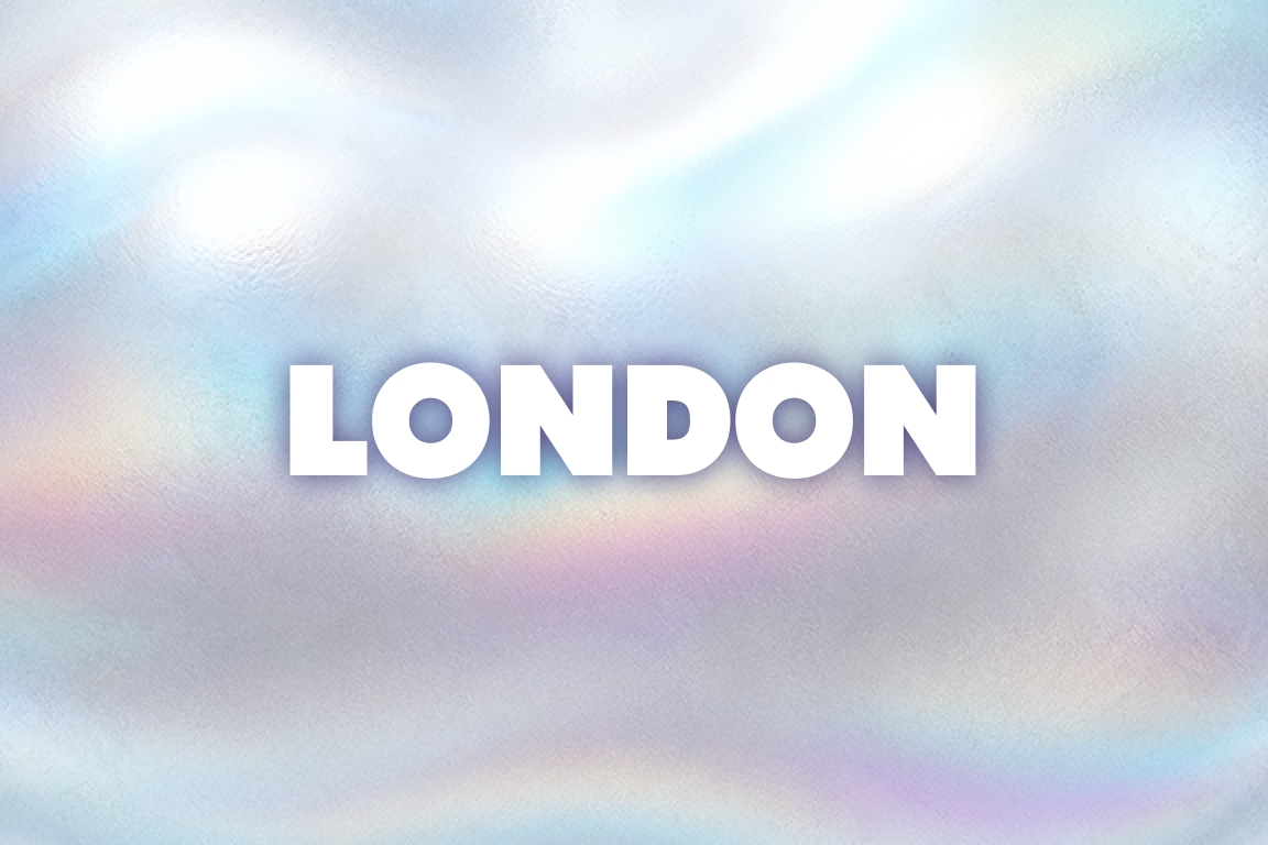 Serene, pastel-hued cityscape with the word 'LONDON' in bold, white text.