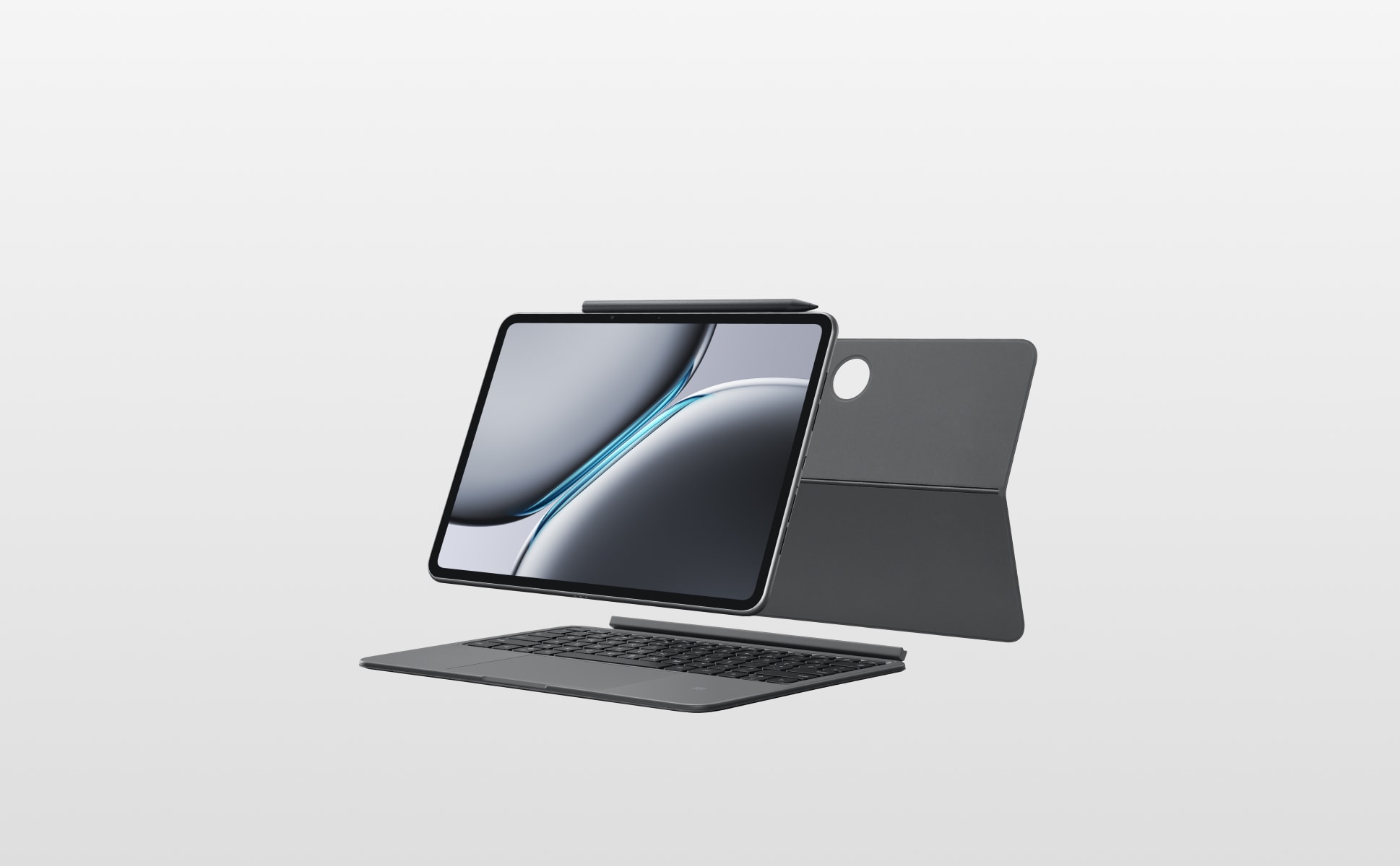 Sleek black tablet with detachable keyboard.