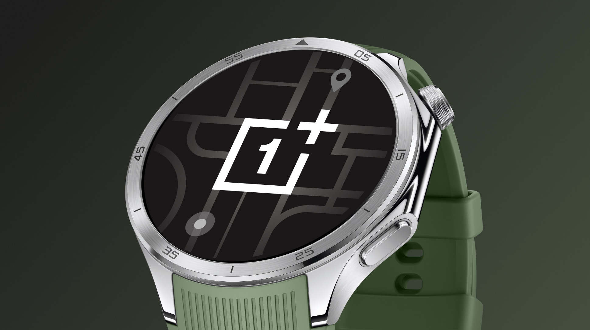 Silver, black, and green smartwatch with geometric pattern and OnePlus logo.