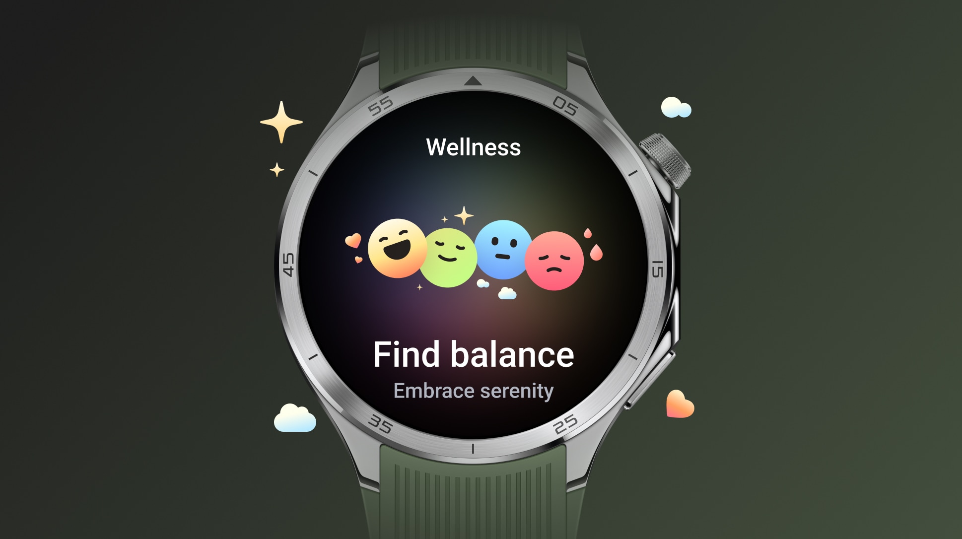 Colorful wellness display on smart watch with message to find balance and embrace serenity.
