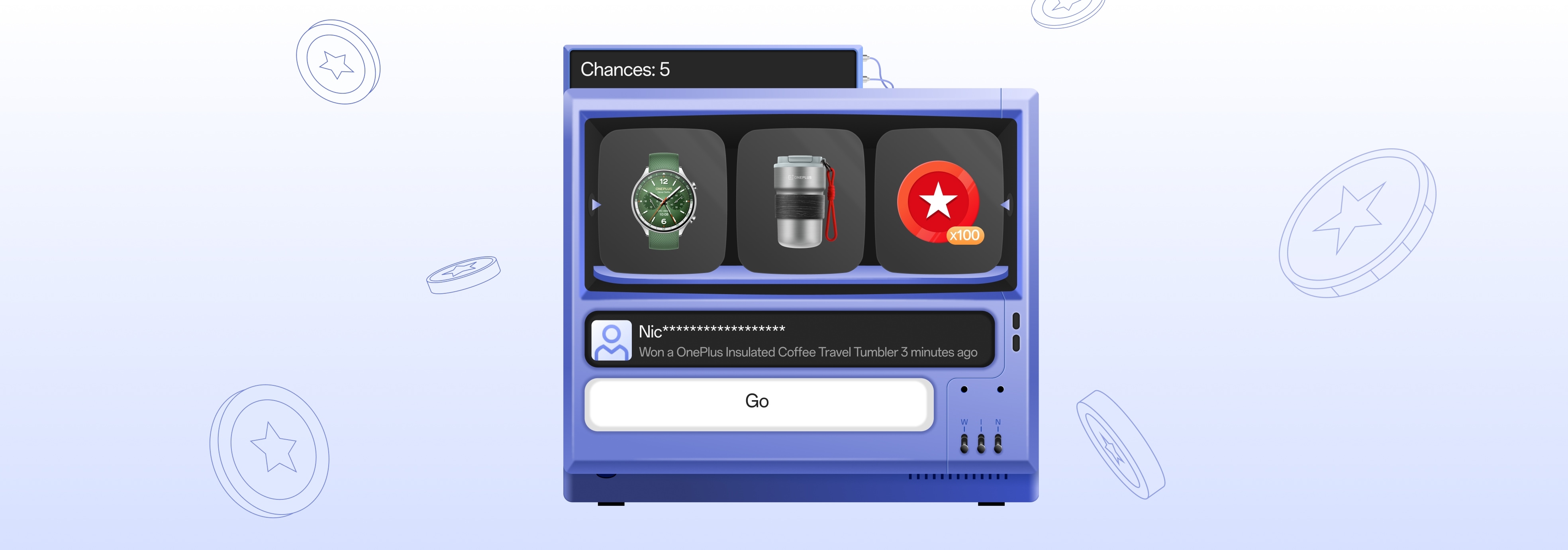 Vibrant blue box with various game prizes: watch, thermos, and rewards.