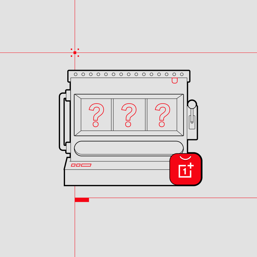 Monochrome illustration of a slot machine with question marks and OnePlus logo.
