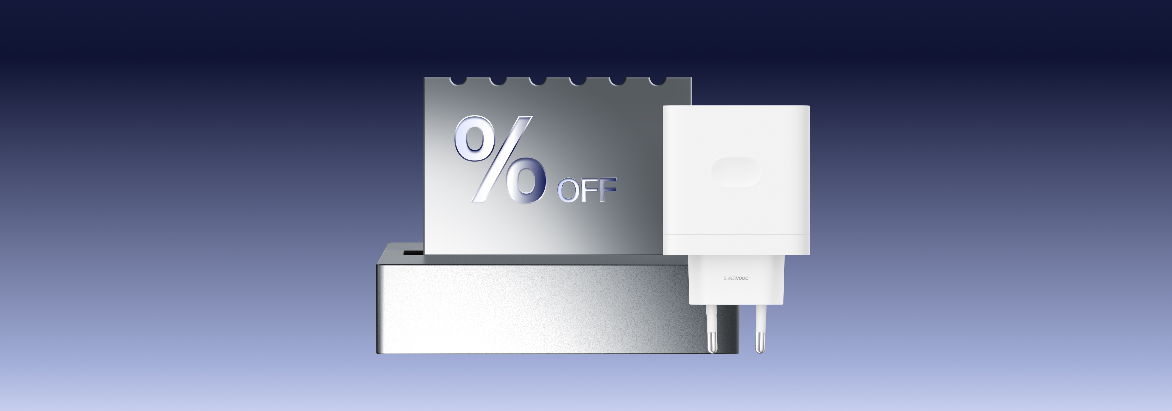 Silver discount sign and power adapter on plain background.