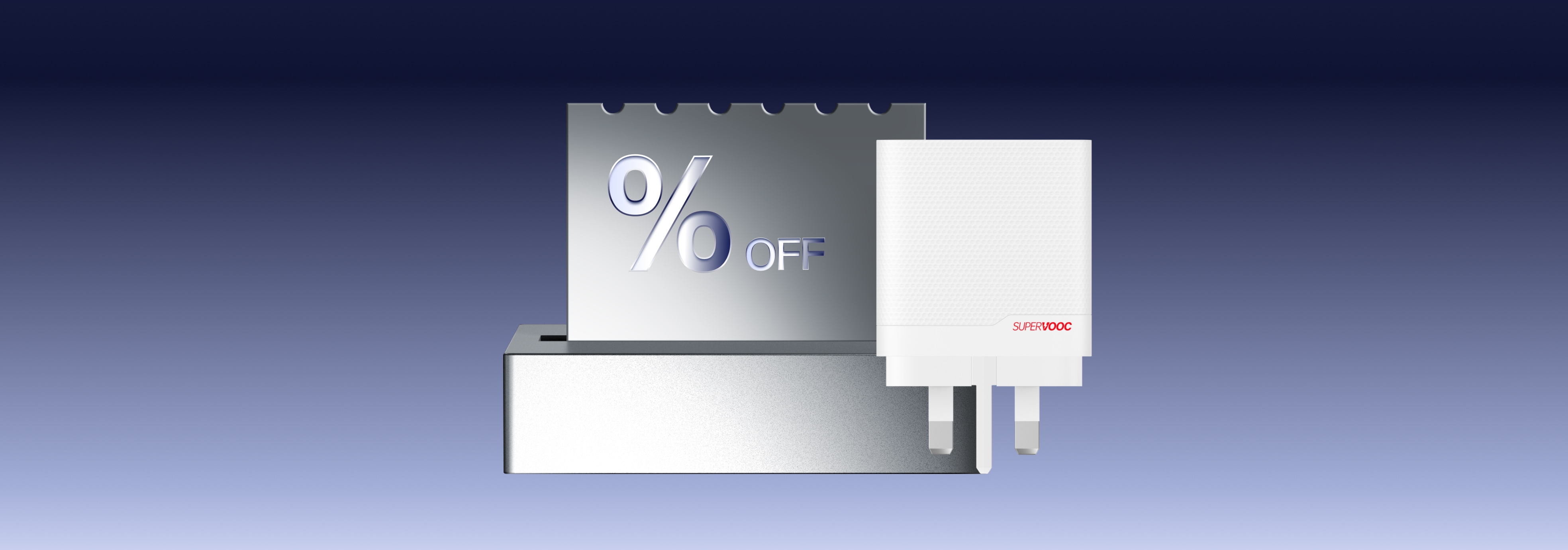 Silver discount sign with '% OFF' text on a dark blue background.