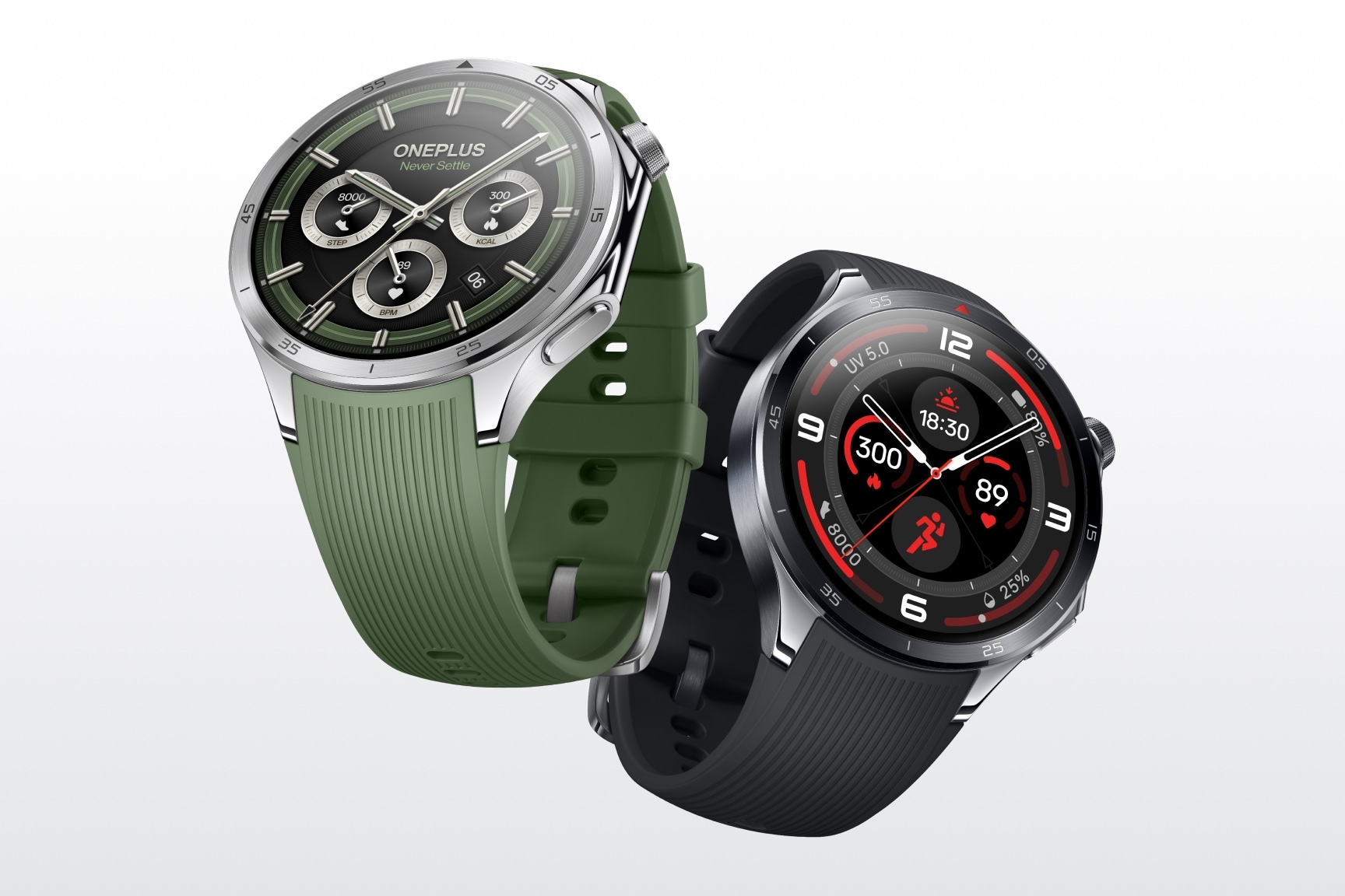 Two stylish silver and green smartwatches with analog and digital displays.
