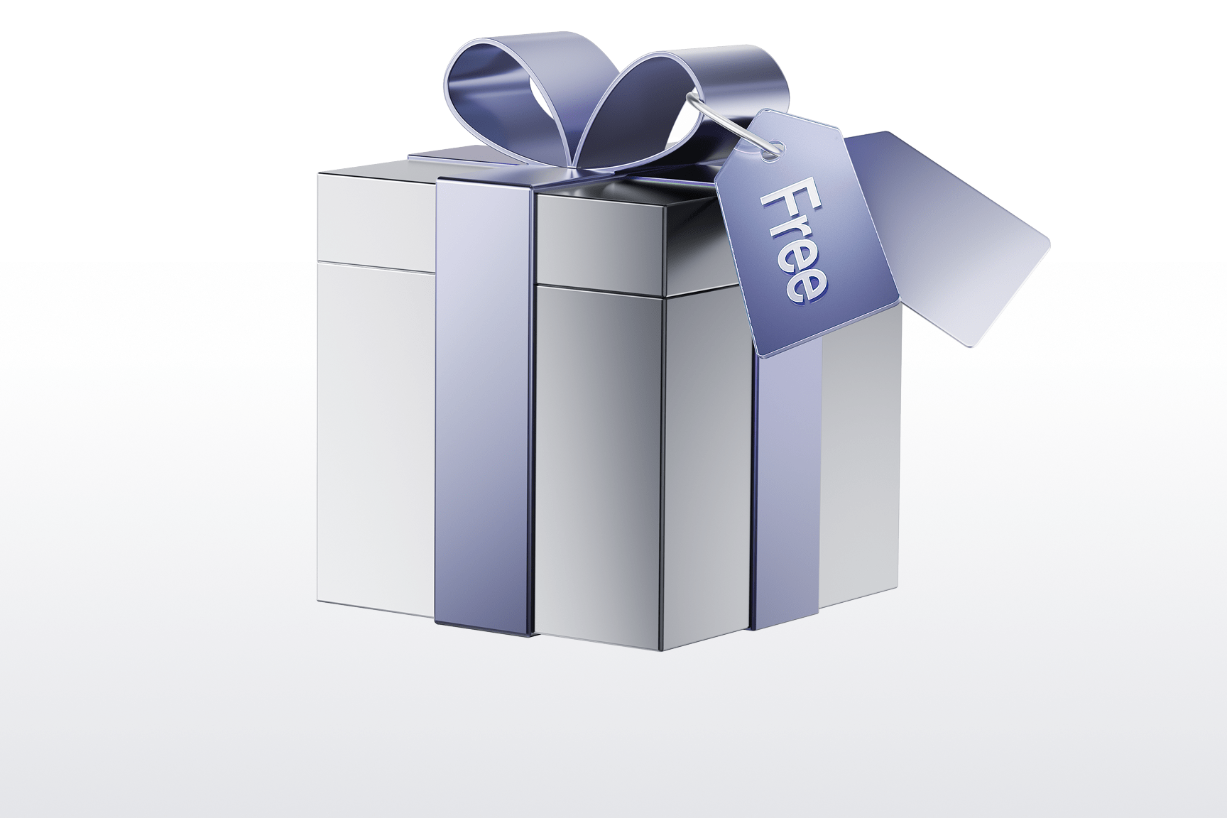 A shiny silver gift box with a blue tag labeled 'Free'.