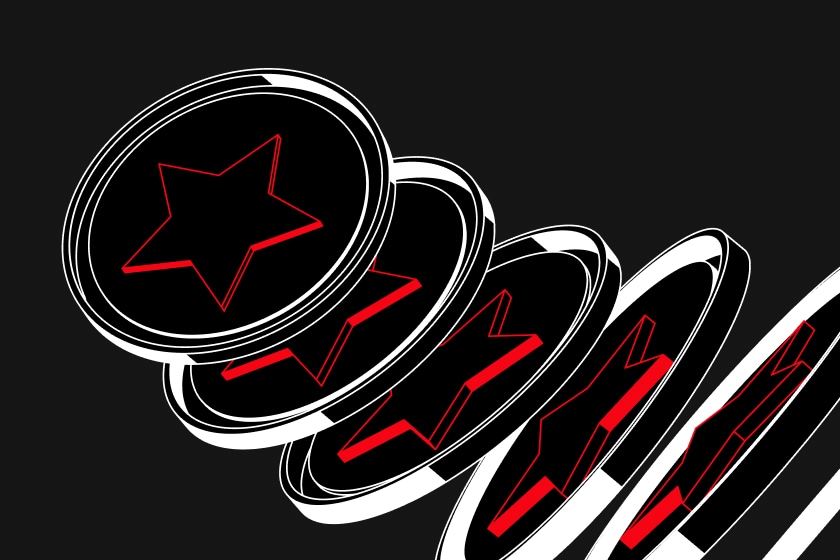 Spiraling black and red star shapes on a dark background.
