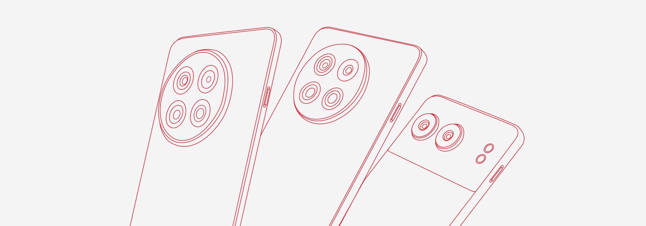 Red outline shapes of mobile phones with multiple camera lenses.