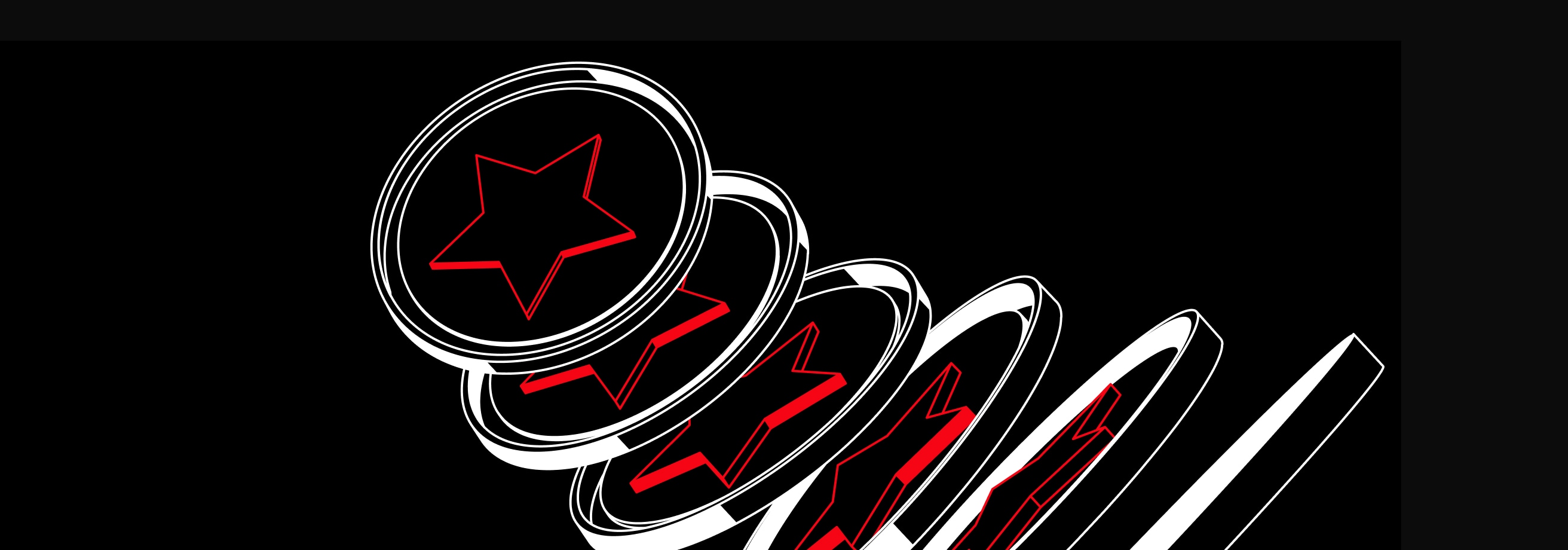 The image depicts a stylized red star surrounded by swirling, dynamic lines against a black background, creating a bold and abstract visual composition.