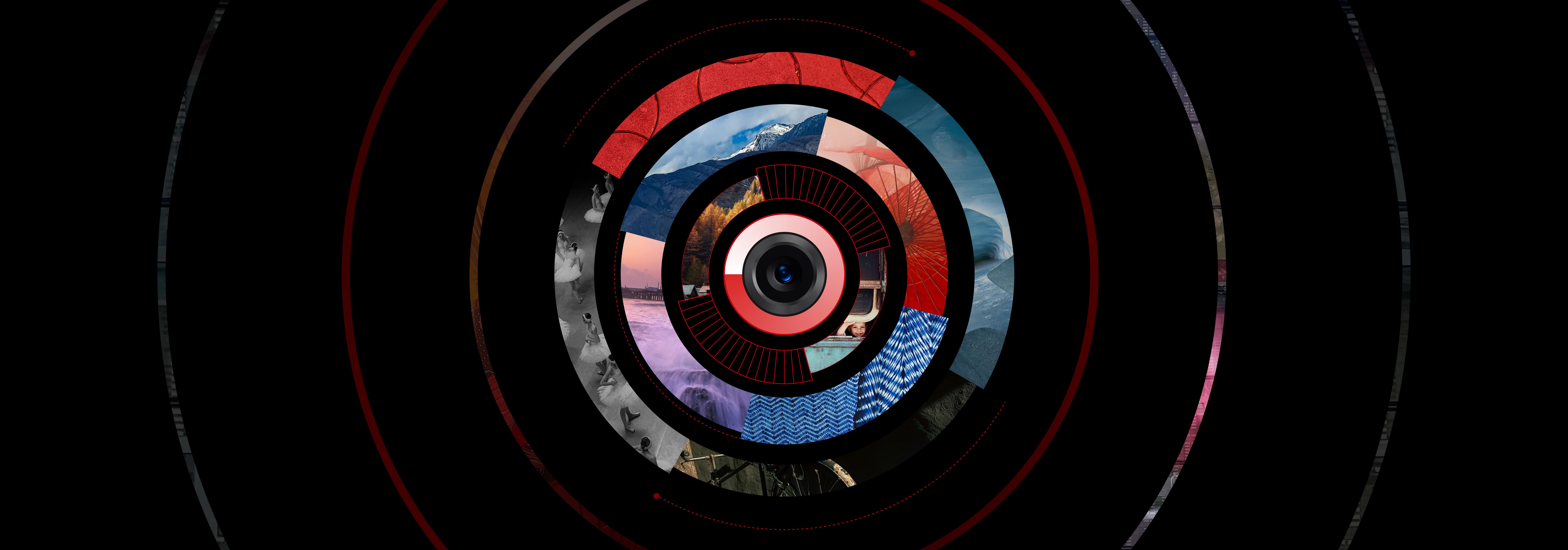 Concentric colorful geometric shapes and patterns with natural landscape images.