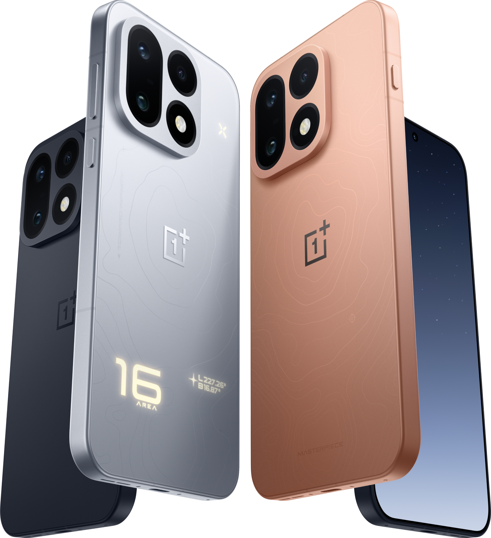 Three OnePlus 16 phones in Tomorrow Starlight, Martian Masterpiece and Dark Forest colors, showing the rear camera module.