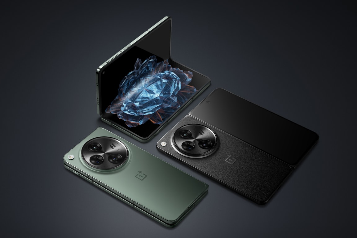 Sleek, folding smartphone with dual camera modules and a vibrant, holographic display.